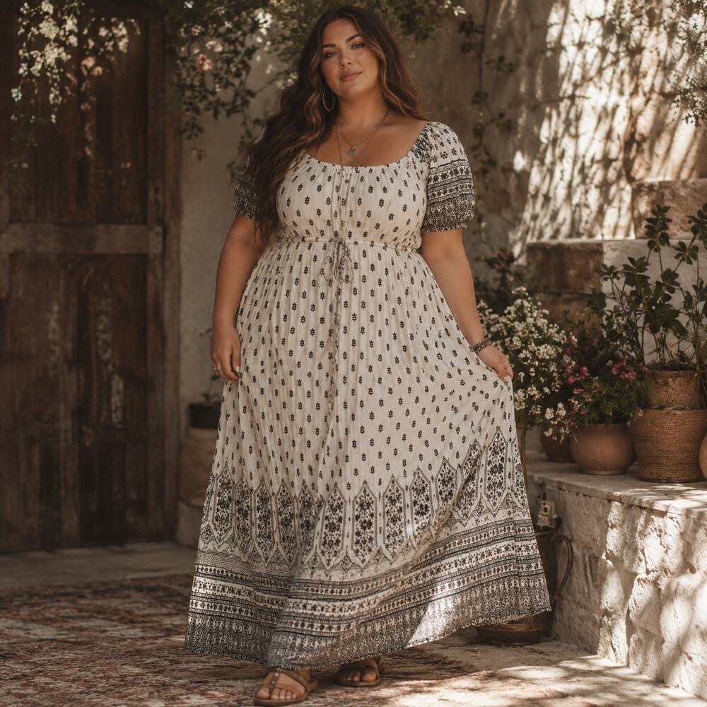 Lapogee Boho Maxi Dress 2X Milkmaid Smocked Cottage Romantic Folk Floral